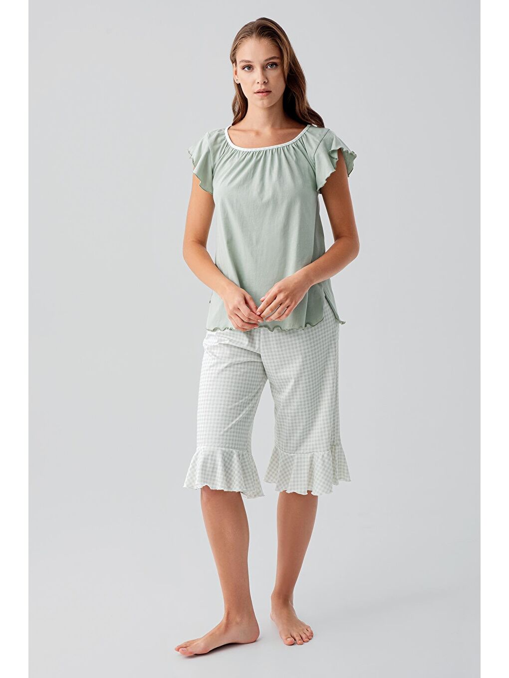 Yeşil Kısa Kollu Pötikare Desenli Esnek Pamuklu Pijama Takım 19200-1