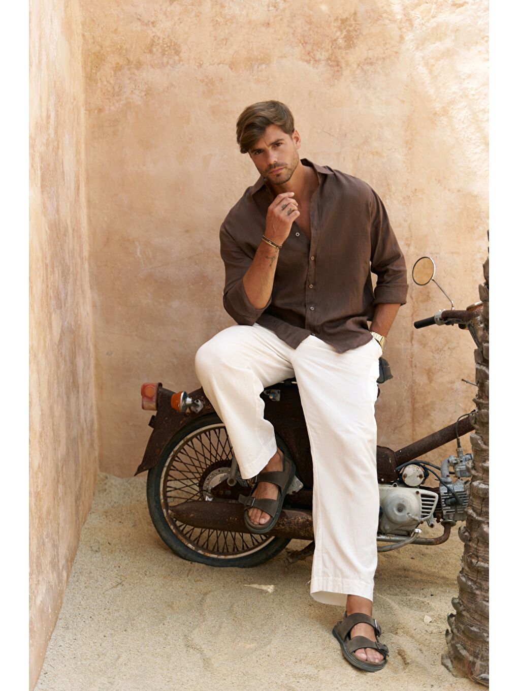 Kahverengi Agnola Oversize Erkek Kahve Keten Gömlek