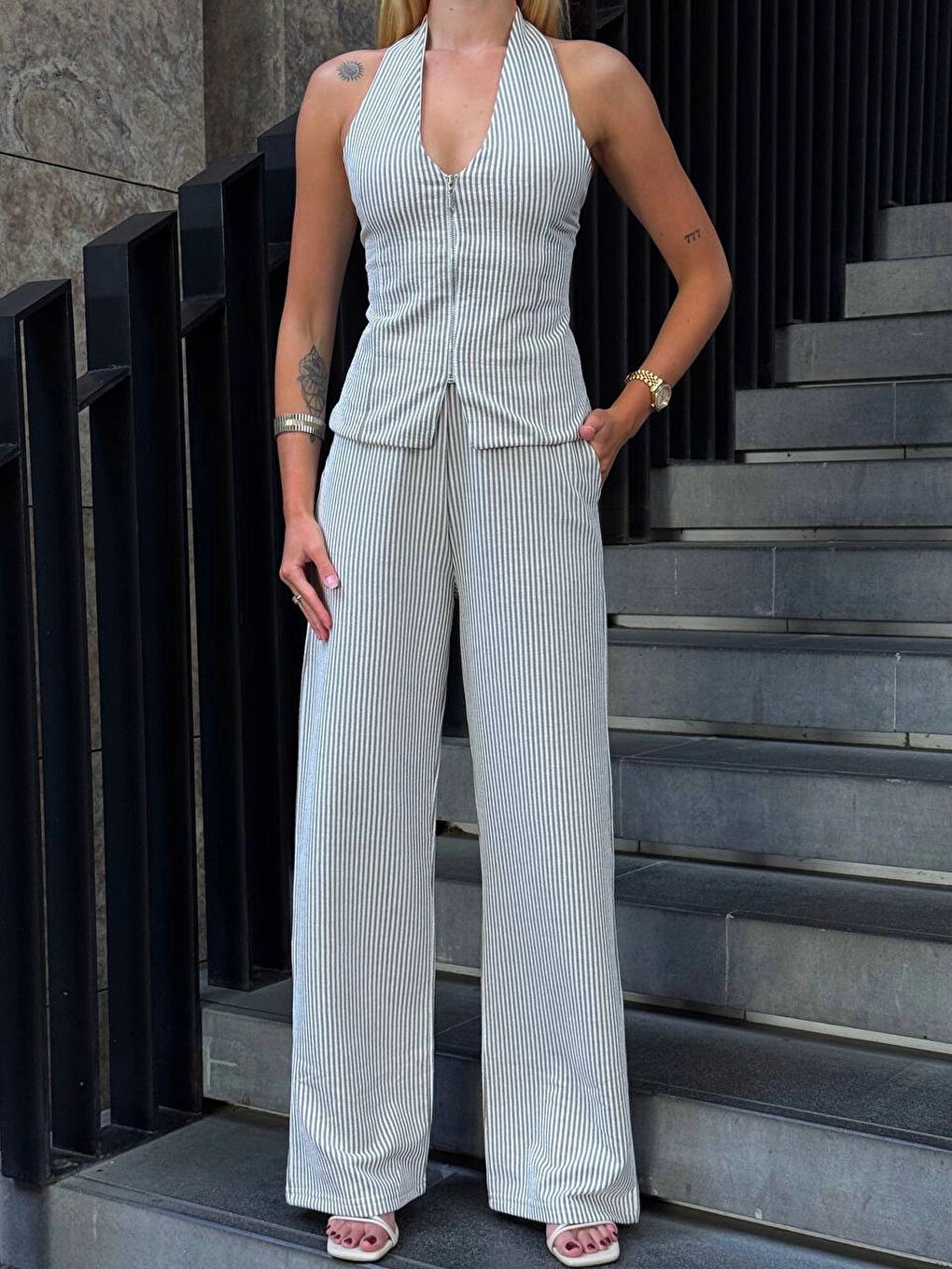 Bej Kadın Vizon Çizgili Önü Fermuarlı Bluz Pantolon İkili Takım HZL25S-ZK13691-3