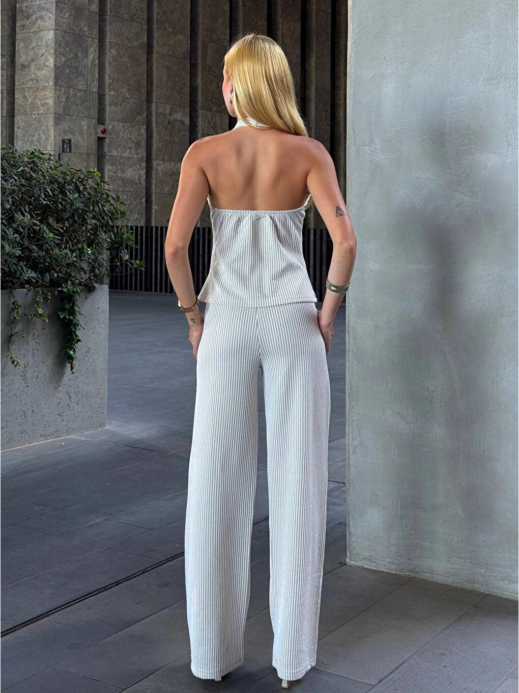 Bej Kadın Vizon Çizgili Önü Fermuarlı Bluz Pantolon İkili Takım HZL25S-ZK13691-4