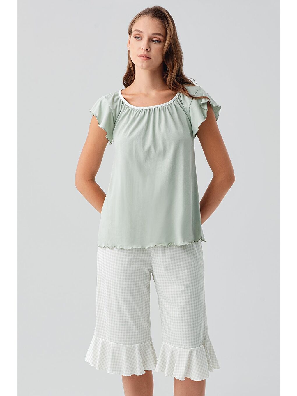 Yeşil Kısa Kollu Pötikare Desenli Esnek Pamuklu Pijama Takım 19200-3