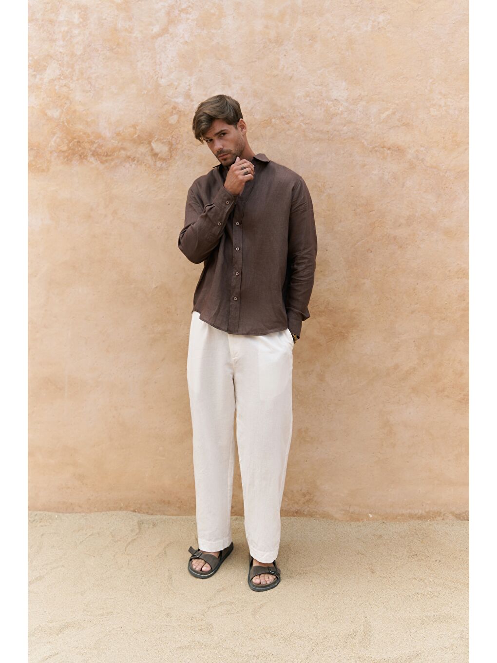 Kahverengi Agnola Oversize Erkek Kahve Keten Gömlek-2