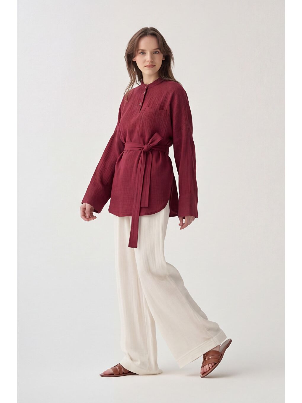 Bordo-Kuşaklı Müslin Gömlek-1