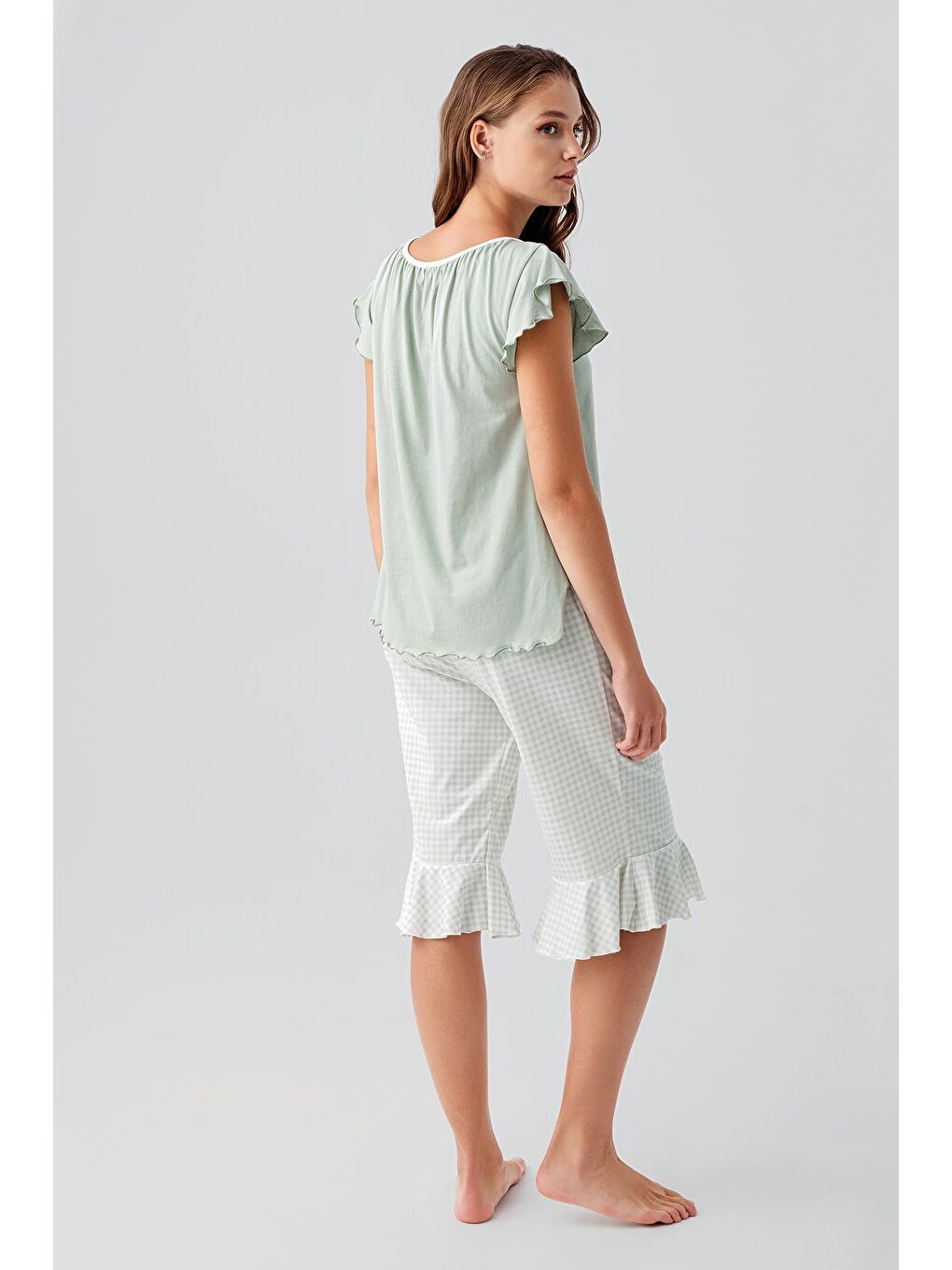 Yeşil Kısa Kollu Pötikare Desenli Esnek Pamuklu Pijama Takım 19200-4