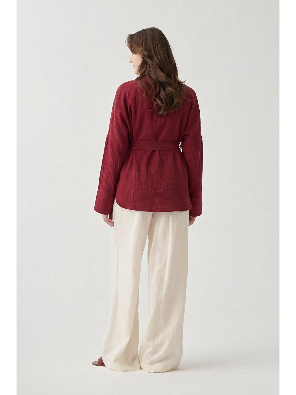 Bordo-Kuşaklı Müslin Gömlek-2