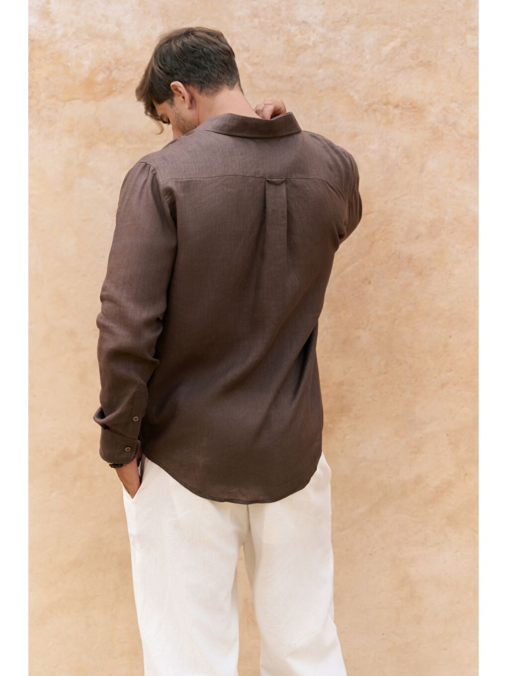 Kahverengi Agnola Oversize Erkek Kahve Keten Gömlek-4