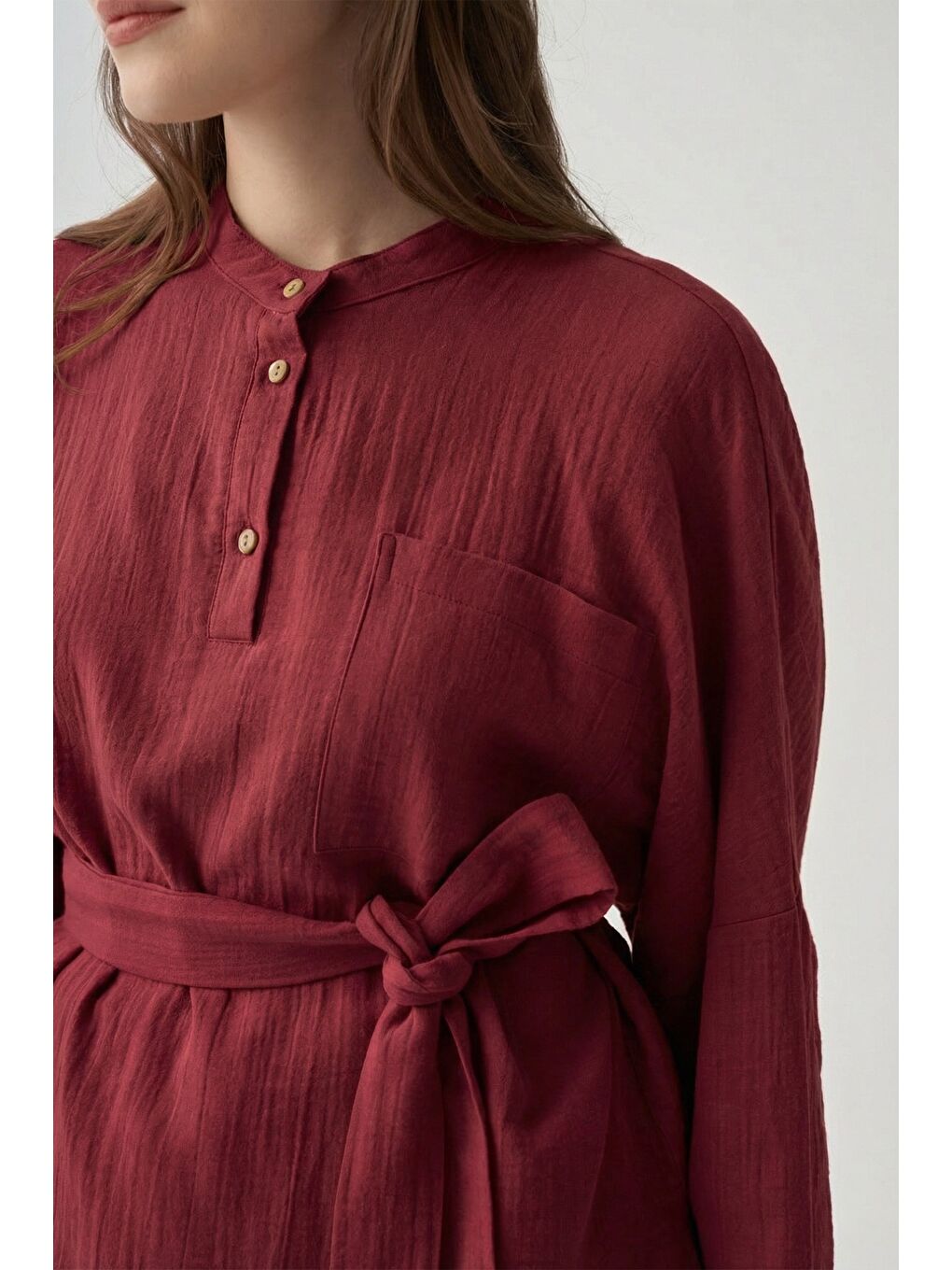 Bordo-Kuşaklı Müslin Gömlek-3
