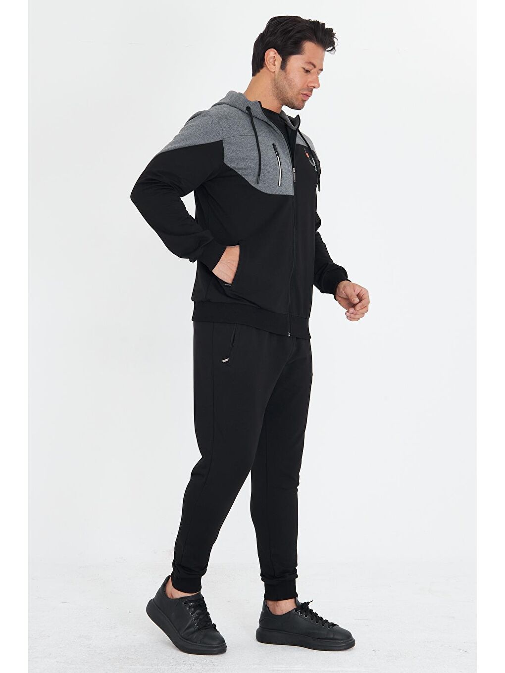 Erkek Pamuklu Kapüşonlu Eşofman Takımı Siyah 5739-S-2