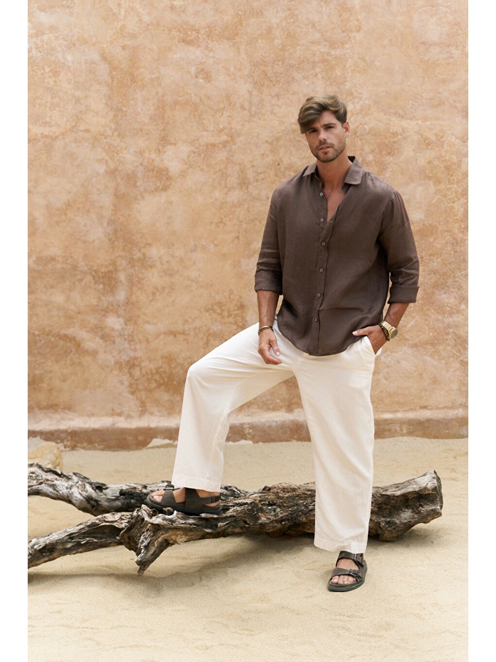 Kahverengi Agnola Oversize Erkek Kahve Keten Gömlek-5