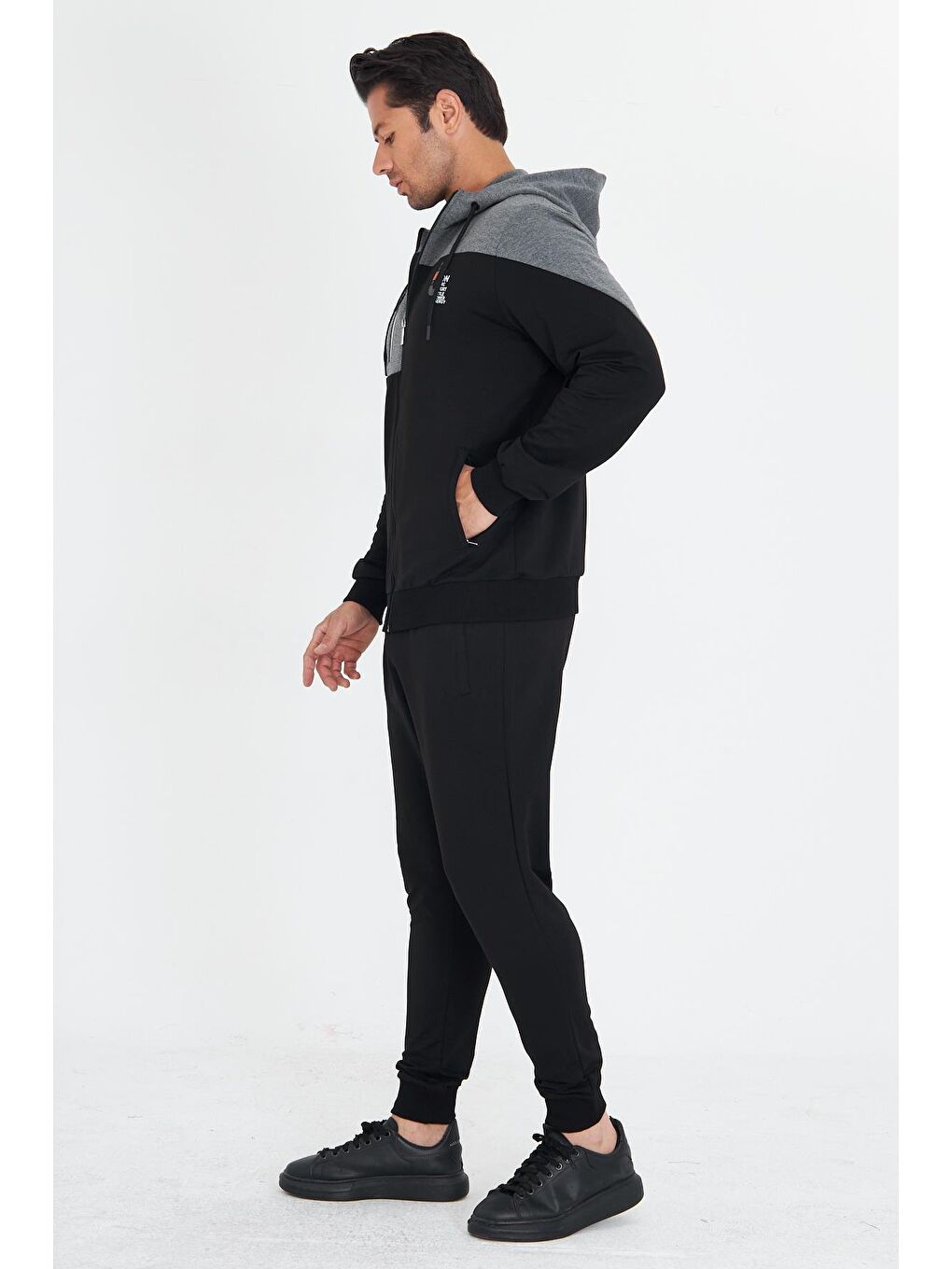 Erkek Pamuklu Kapüşonlu Eşofman Takımı Siyah 5739-S-3