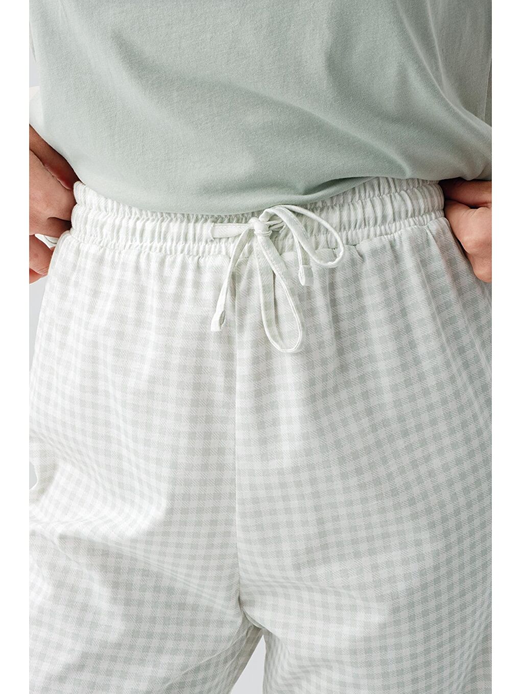 Yeşil Kısa Kollu Pötikare Desenli Esnek Pamuklu Pijama Takım 19200-5