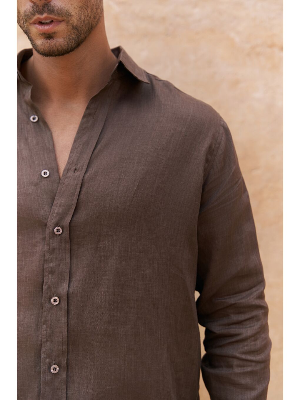 Kahverengi Agnola Oversize Erkek Kahve Keten Gömlek-6