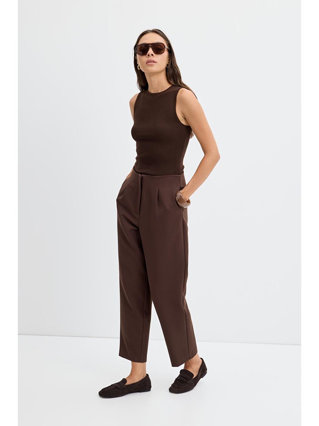 Kahverengi Yüksek Bel Düz Kesim Krep Pantolon Kahve-1