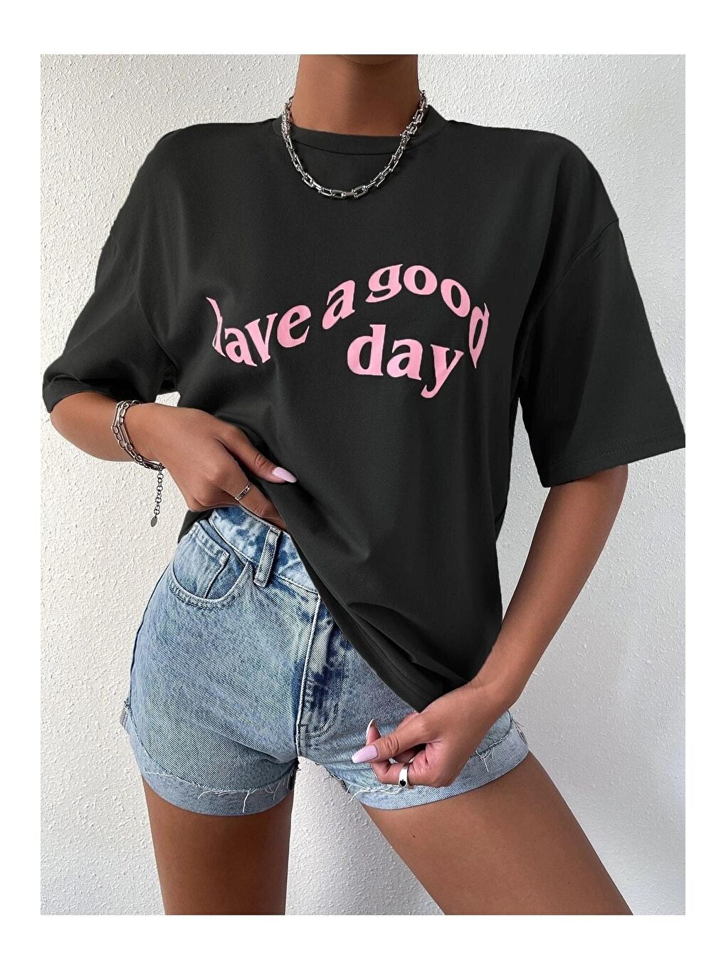 Trendseninle Siyah Kadın Siyah Have A Good Day Baskılı Oversize Tişört