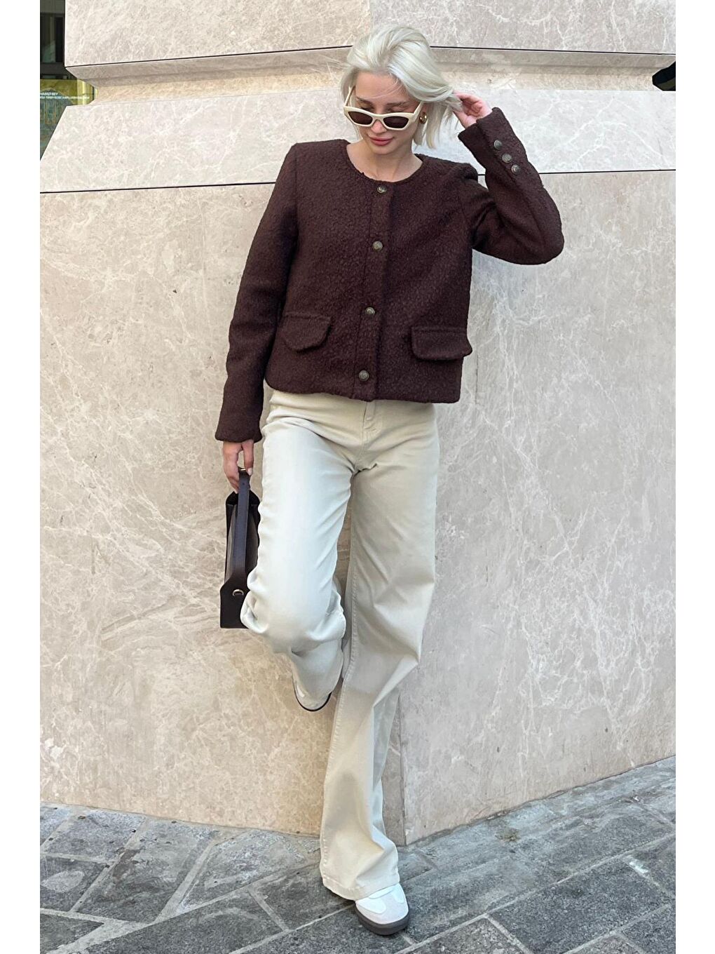 Kahverengi Düğmeli Buklet Triko Cep Detaylı Ceket Mg2170-3