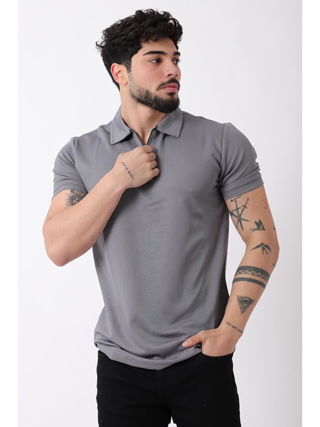Stilkombin Gri Yakalı Yarım Fermuarlı Erkek Tişört JS C-1022_30414