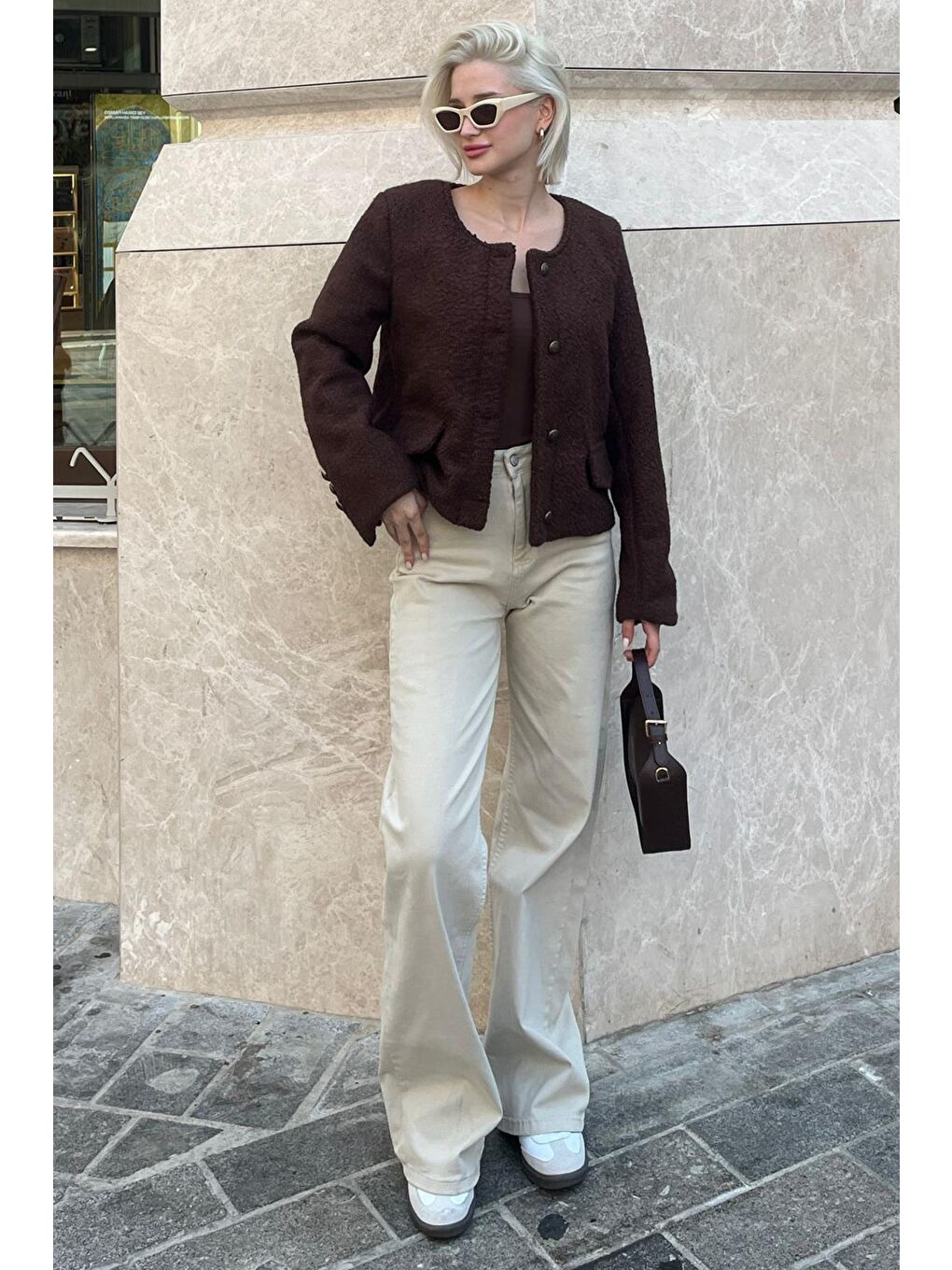 Kahverengi Düğmeli Buklet Triko Cep Detaylı Ceket Mg2170-5