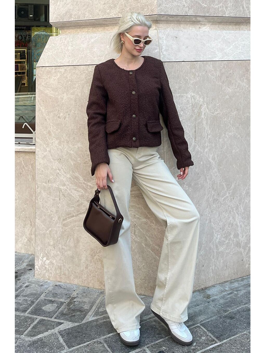 Kahverengi Düğmeli Buklet Triko Cep Detaylı Ceket Mg2170-6