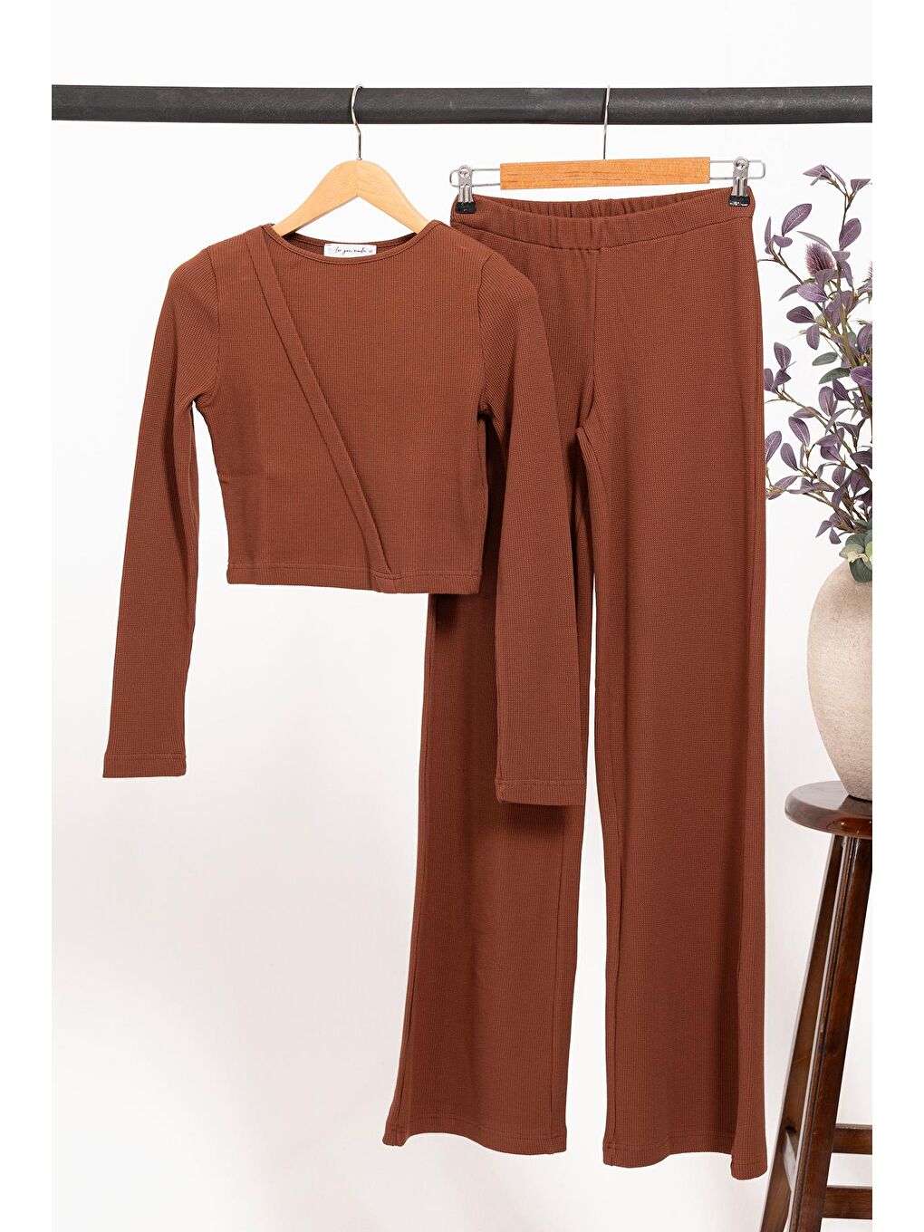Waffle Kumaş Uzun Alt Üst Takım – Kahverengi | %100 Pamuk Doğal Kumaş-2