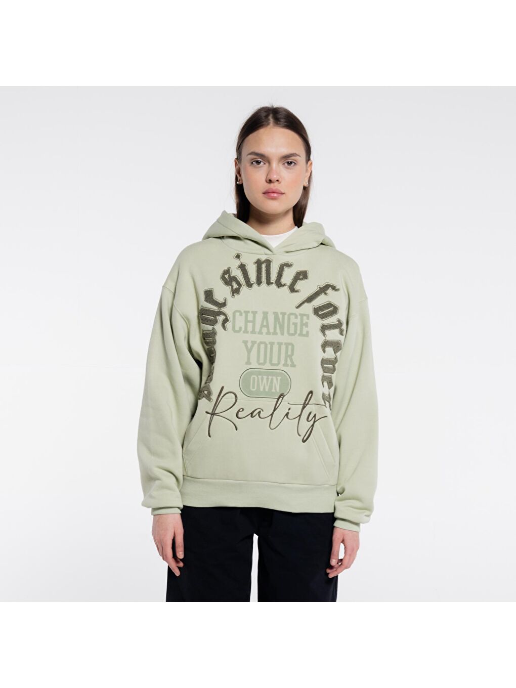 Ess Kadın Mint Yeşil Ekstra Oversize Kapüşonlu Sweatshirt Hoodie - Şardonlu 3 İplik