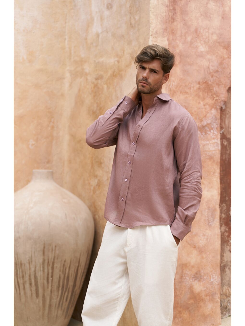 Agnola Oversize Erkek Açık Bordo Keten Gömlek