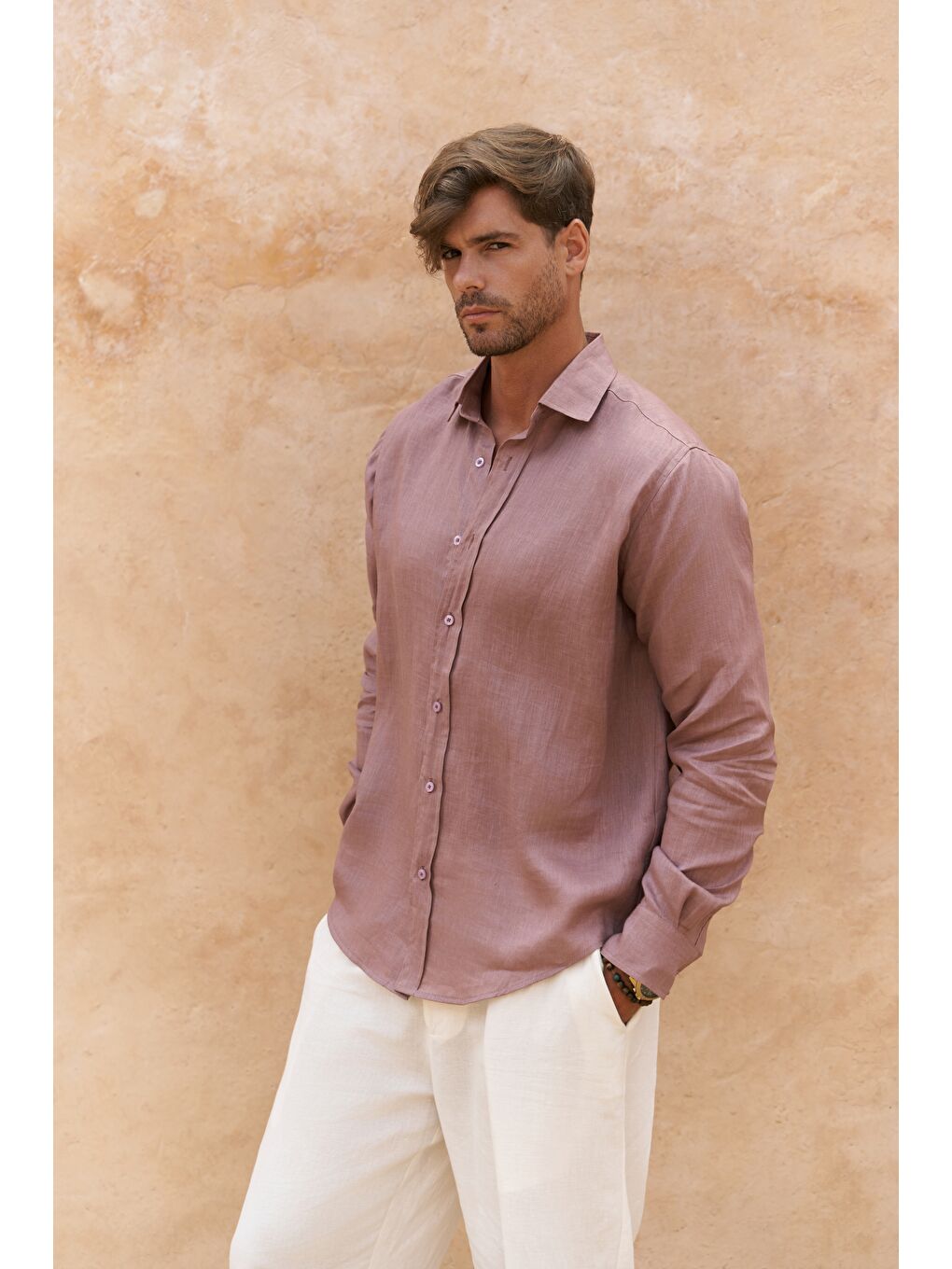 Agnola Oversize Erkek Açık Bordo Keten Gömlek-1