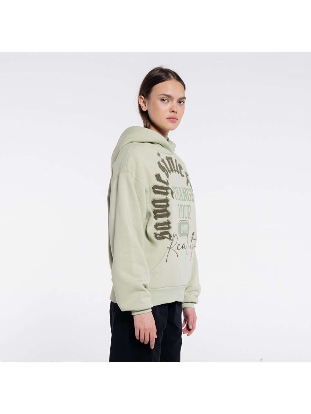 Ess Kadın Mint Yeşil Ekstra Oversize Kapüşonlu Sweatshirt Hoodie - Şardonlu 3 İplik-2