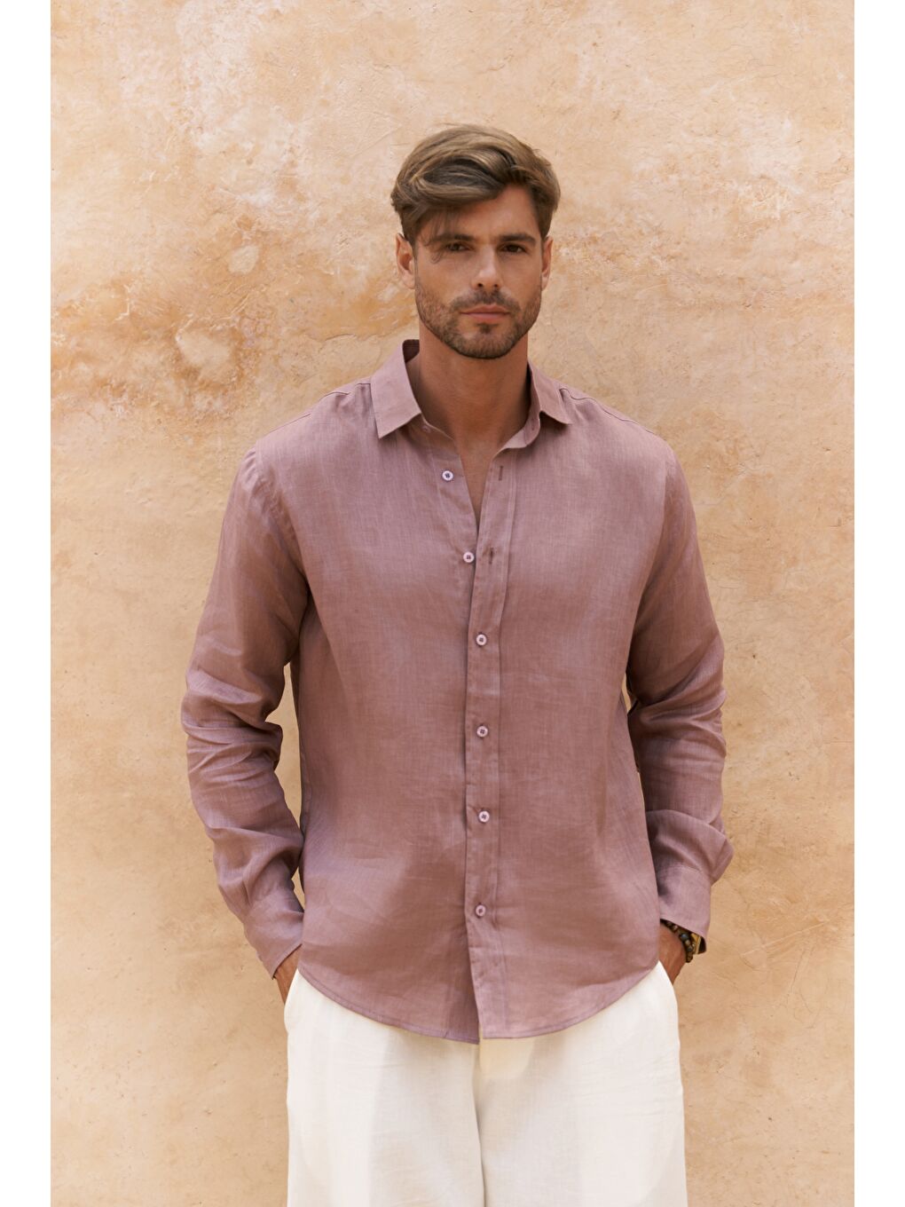 Agnola Oversize Erkek Açık Bordo Keten Gömlek-2