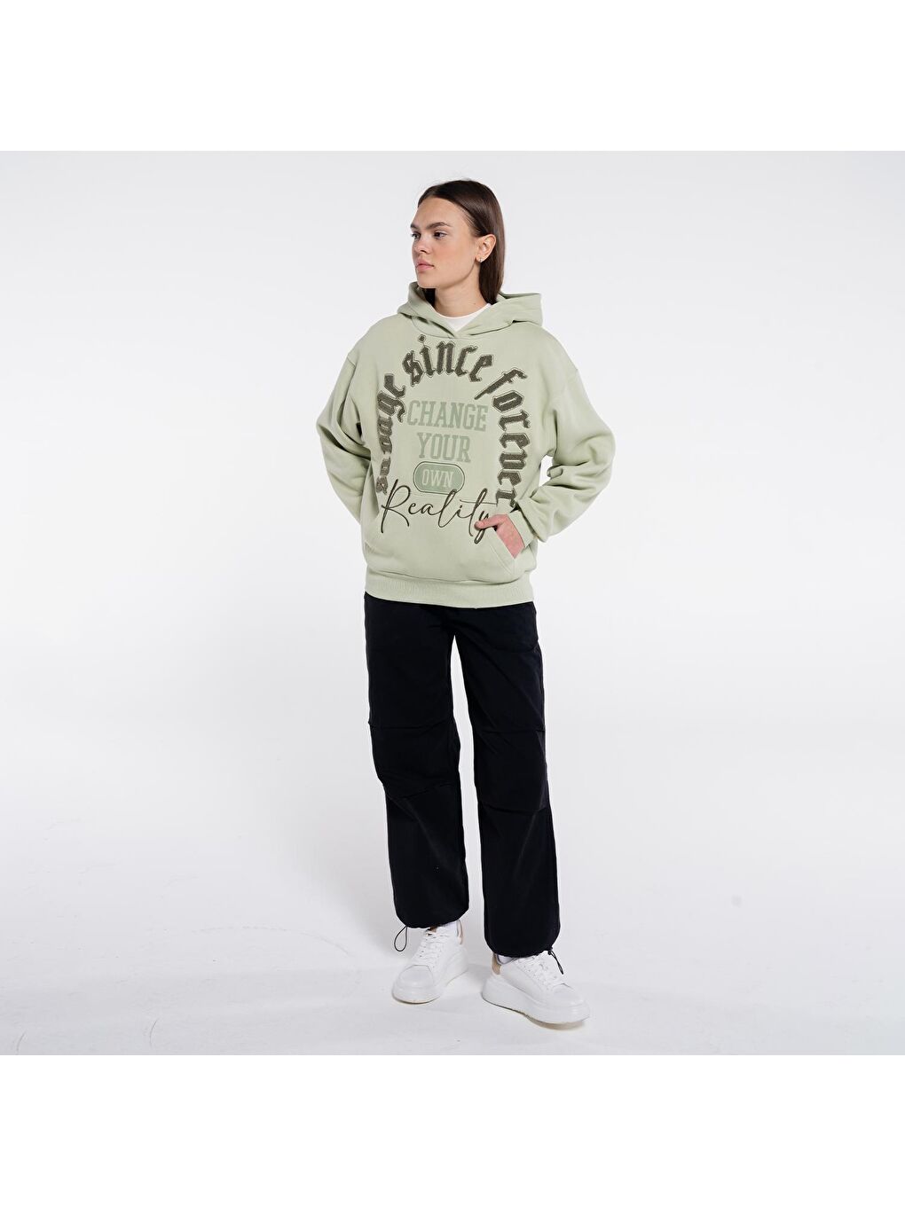 Ess Kadın Mint Yeşil Ekstra Oversize Kapüşonlu Sweatshirt Hoodie - Şardonlu 3 İplik-3
