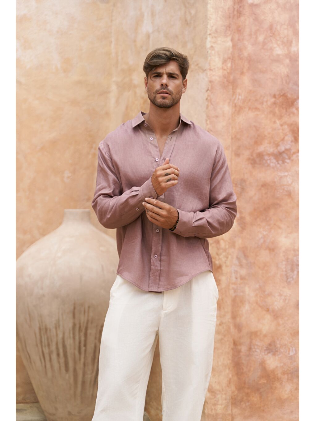 Agnola Oversize Erkek Açık Bordo Keten Gömlek-4