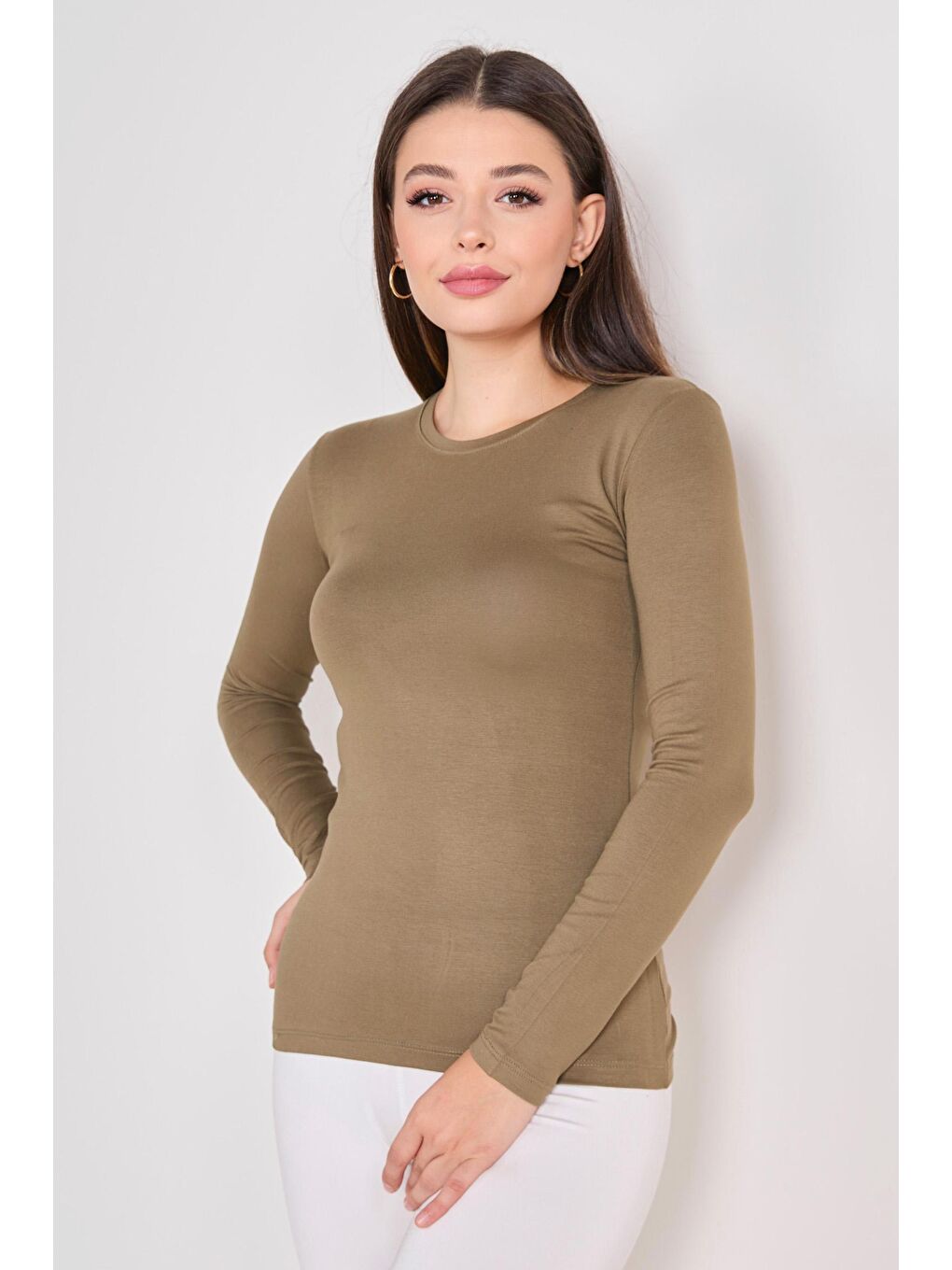 Bisiklet Yaka Kadın Haki Badi - 23084-1