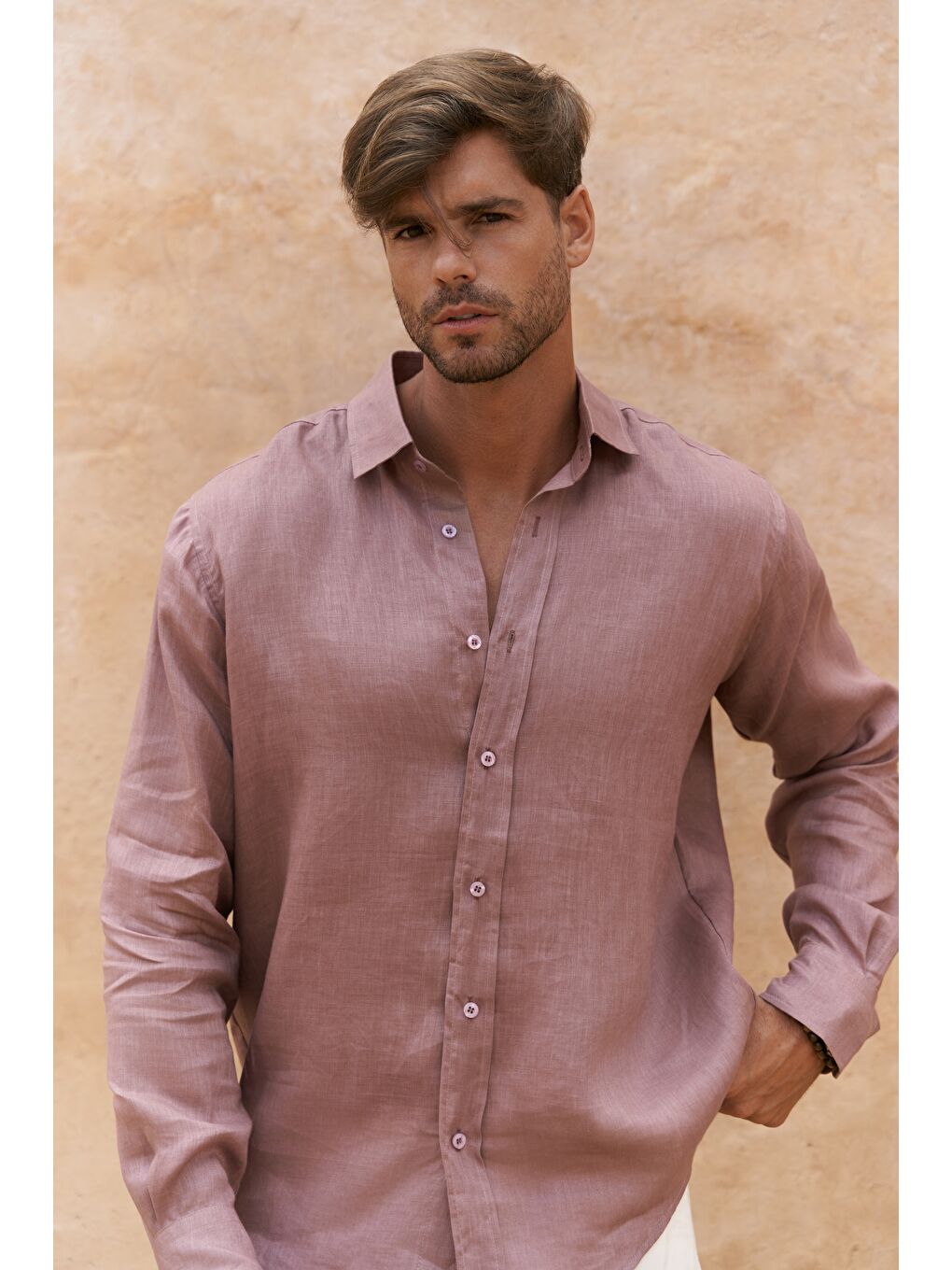 Agnola Oversize Erkek Açık Bordo Keten Gömlek-5