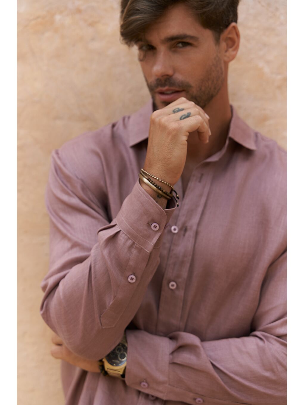 Agnola Oversize Erkek Açık Bordo Keten Gömlek-6
