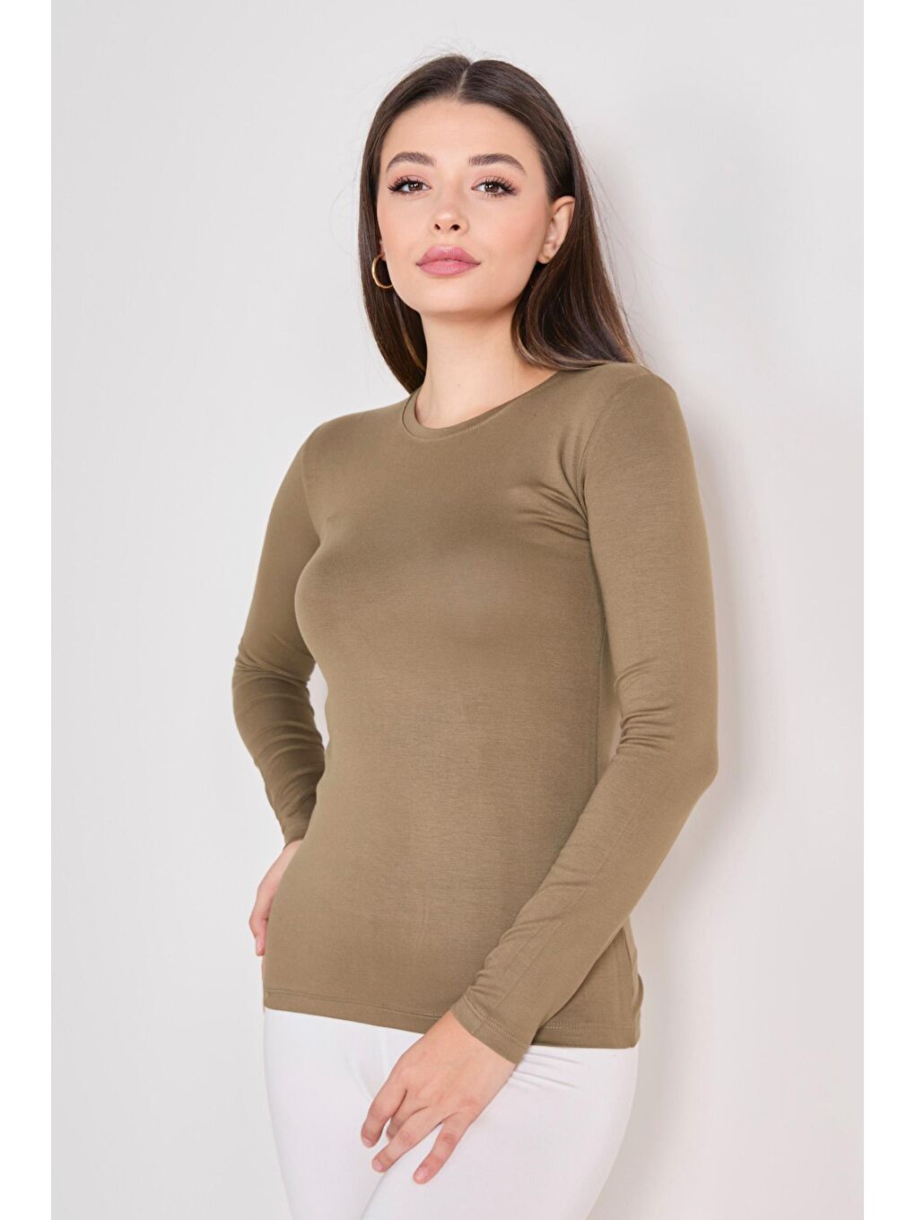 Bisiklet Yaka Kadın Haki Badi - 23084-2