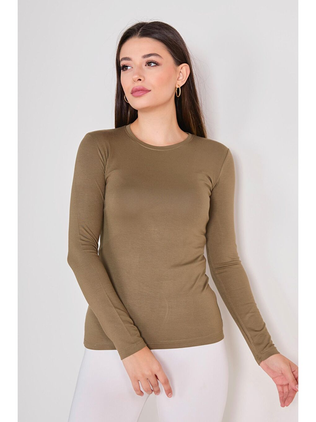 Bisiklet Yaka Kadın Haki Badi - 23084-3