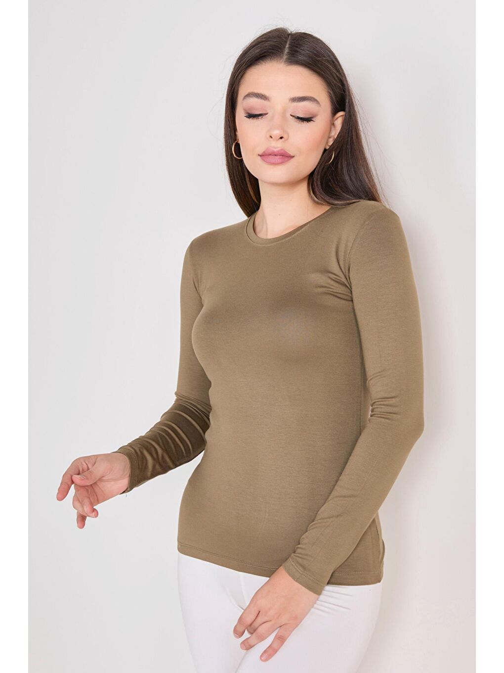 Bisiklet Yaka Kadın Haki Badi - 23084-4