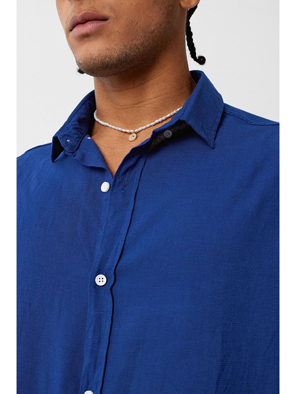 Basic Oversize Pamuk Keten Gömlek Lacivert-2