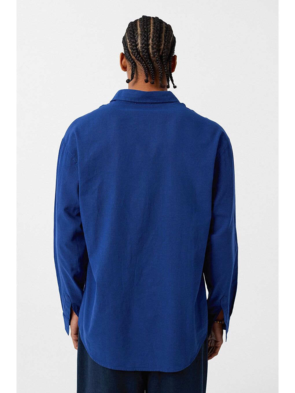 Basic Oversize Pamuk Keten Gömlek Lacivert-3