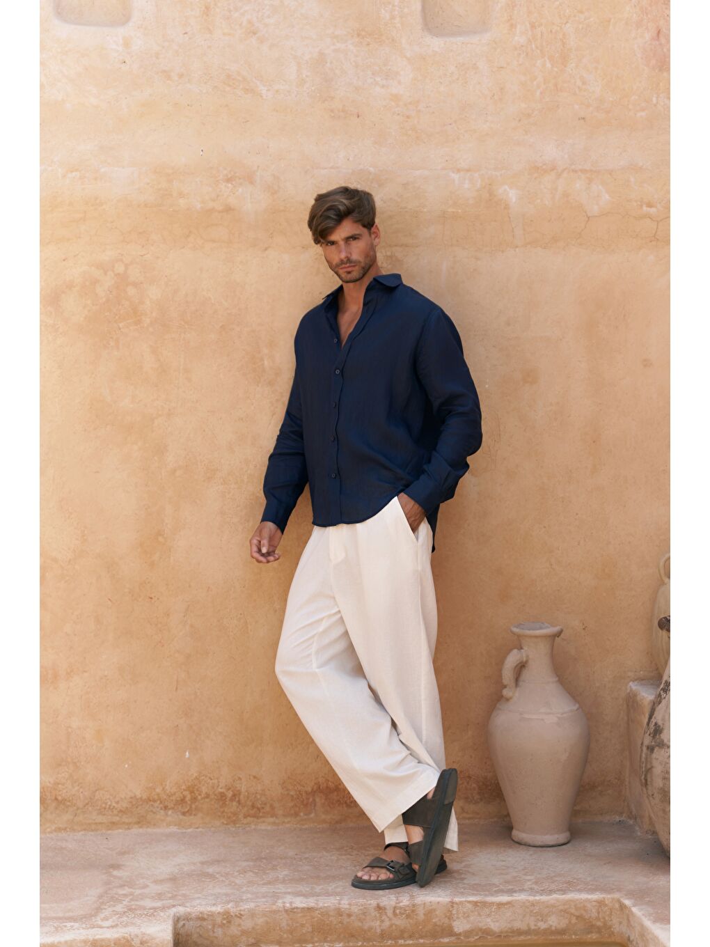 Agnola Oversize Erkek Lacivert Keten Gömlek