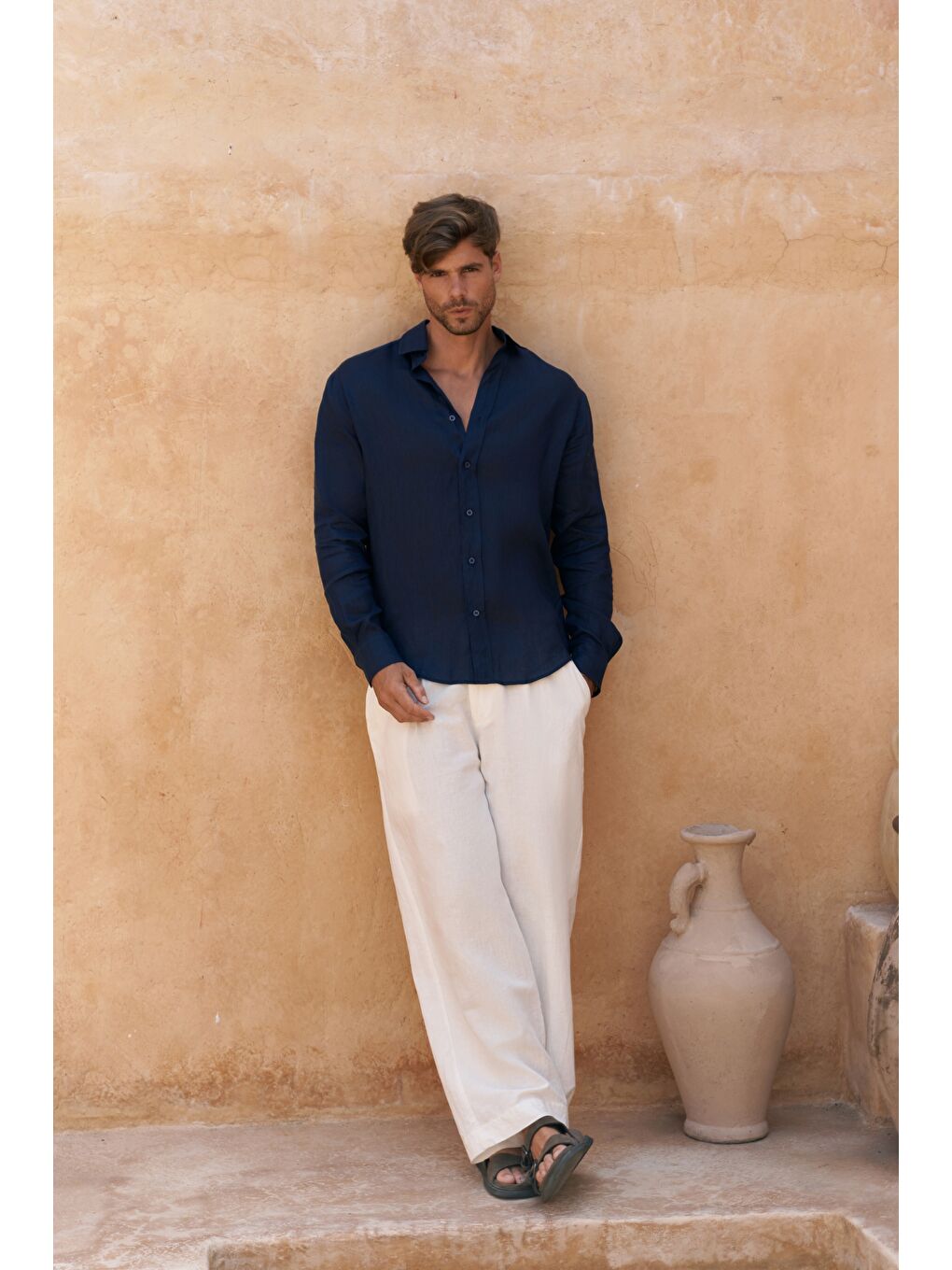 Agnola Oversize Erkek Lacivert Keten Gömlek-1