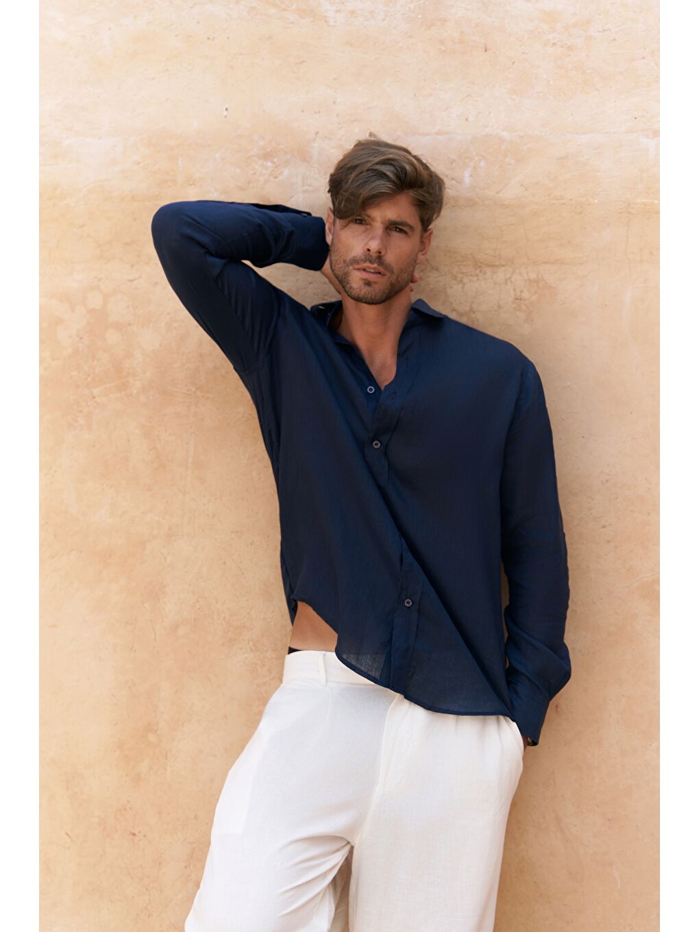 Agnola Oversize Erkek Lacivert Keten Gömlek-2