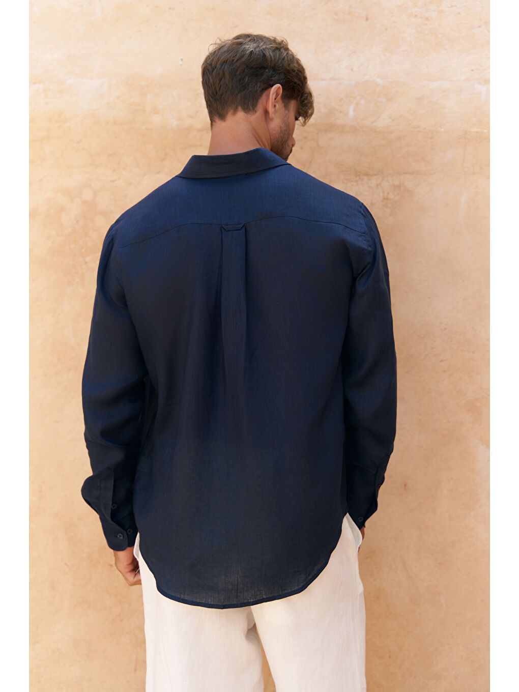 Agnola Oversize Erkek Lacivert Keten Gömlek-4