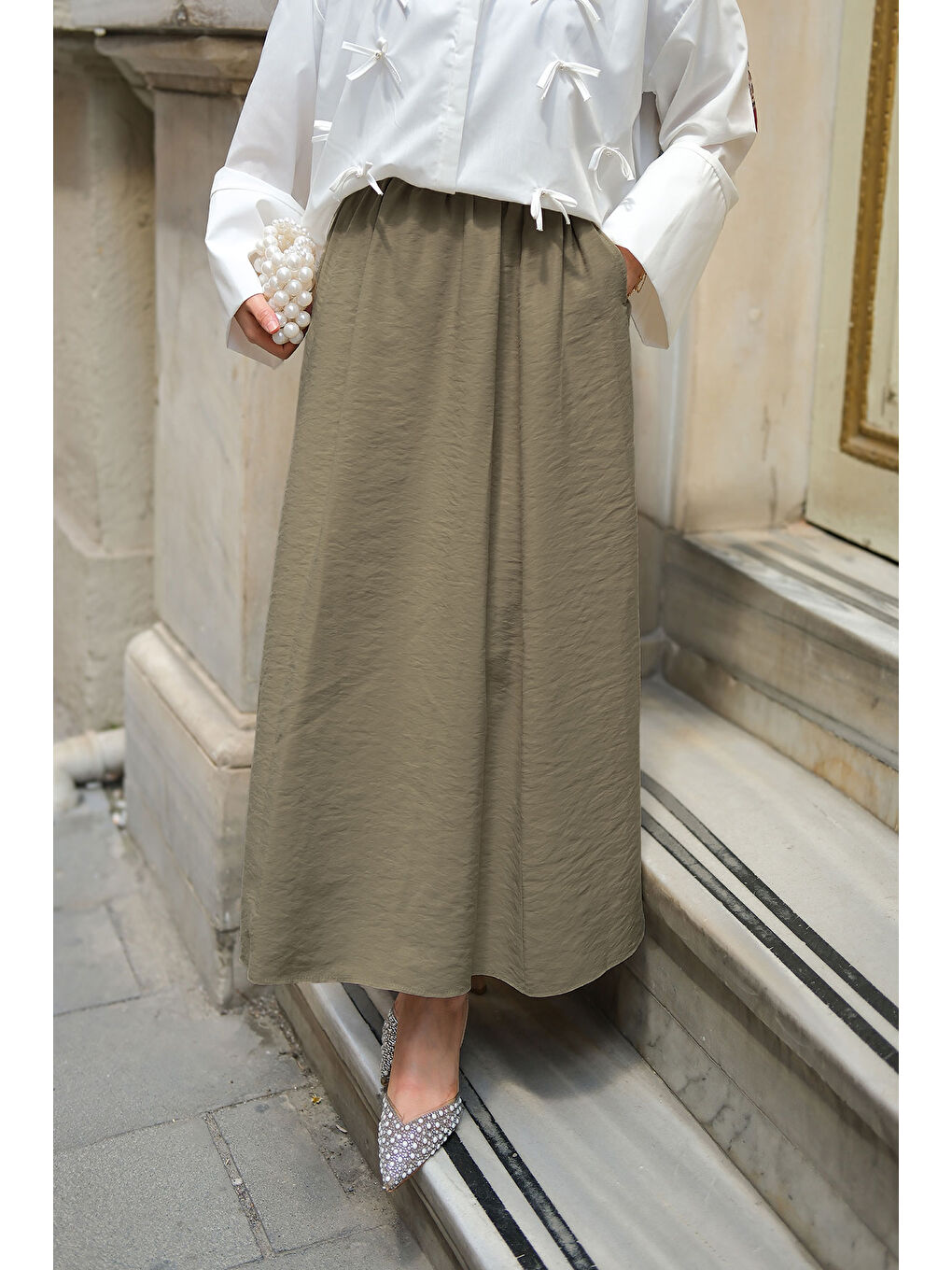 Kadın Kırışık Kloş Etek Açık Yeşil-1