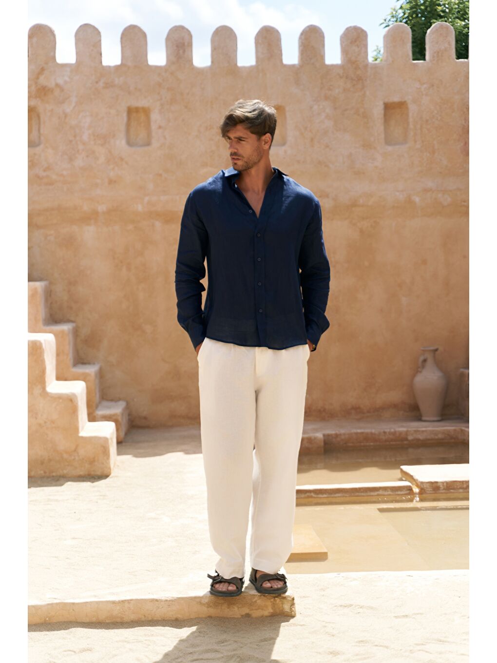 Agnola Oversize Erkek Lacivert Keten Gömlek-5