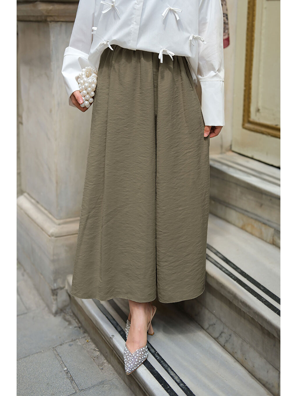 Kadın Kırışık Kloş Etek Açık Yeşil-2