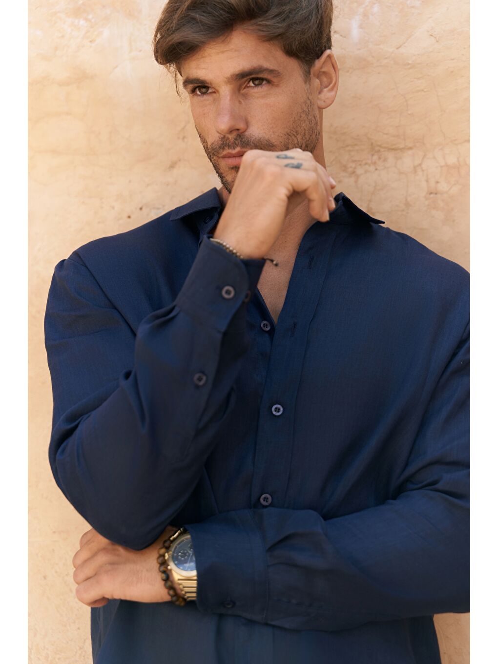 Agnola Oversize Erkek Lacivert Keten Gömlek-7