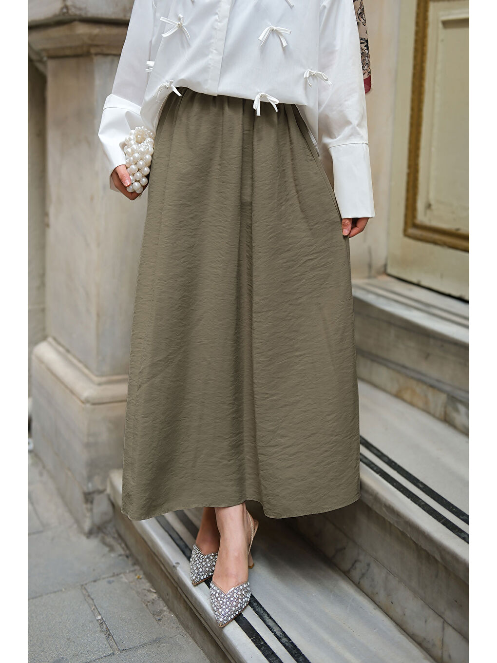 Kadın Kırışık Kloş Etek Açık Yeşil-3