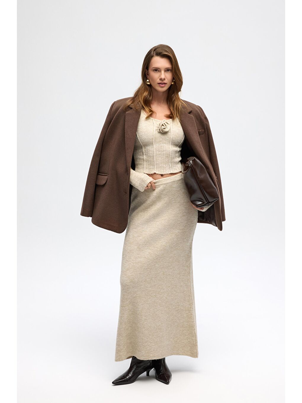 Lumi Gül Detay Bej Crop Etek Triko Takım-3