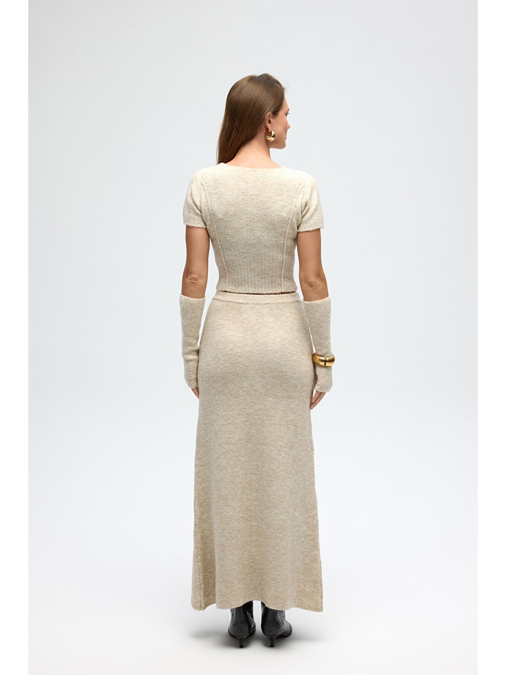 Lumi Gül Detay Bej Crop Etek Triko Takım-4