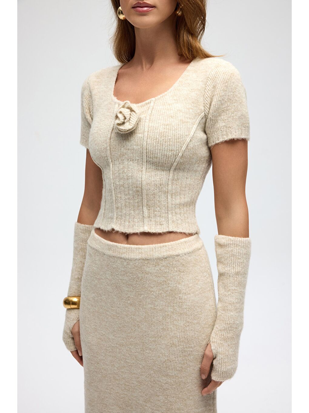 Lumi Gül Detay Bej Crop Etek Triko Takım-5